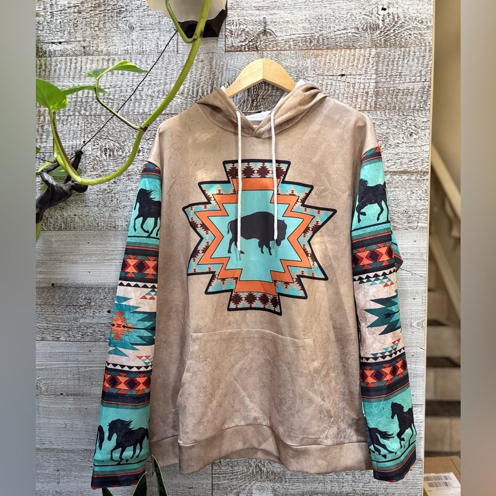 NWOT Unisex 2XL Southwestern Buffalo Tribal Pullover Hoodie - Tan/Blue/Orange